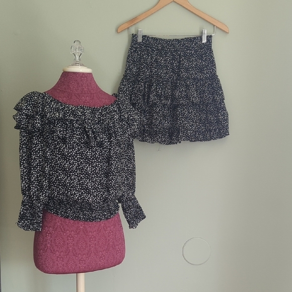 Misa Los Angeles Black Polka Dot Flounced Skirt Set XS - Picture 1 of 8